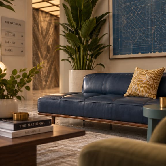 A blue couch with a yellow pillow sits in a room with a plant and a book titled "The National Memphis".