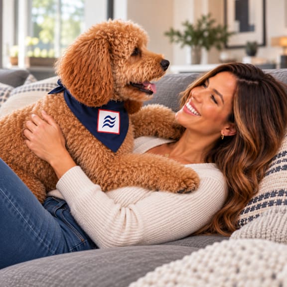 A woman is hugging a brown dog wearing a blue bandana with a logo on it.