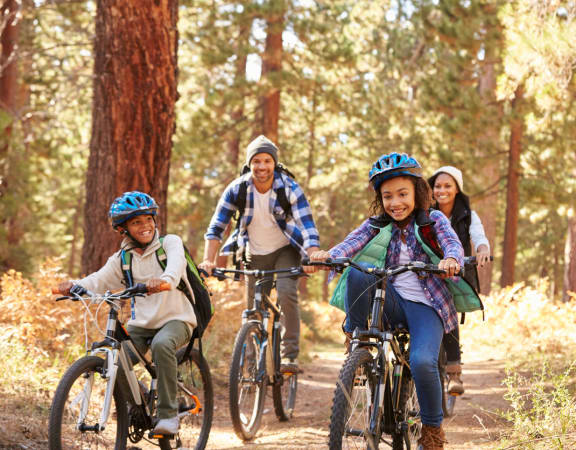 a group of kids riding bikes through a forest