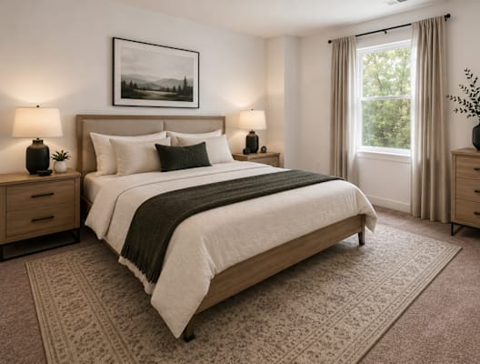 A bedroom with a large bed, two nightstands, and a framed picture on the wall.