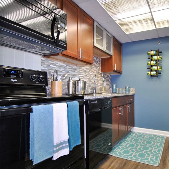 a kitchen with black appliances and a black refrigerator