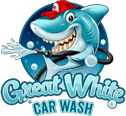 A cartoon shark is giving a car wash.