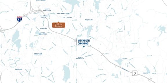 A map with a brown rectangle labeled "LEYN COMMONS" in the center.