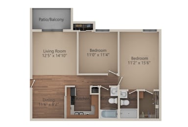 2 Bed 2 Bath (950 sq ft) Floor Plan at Whisper Hollow Apartments, Maryland Heights