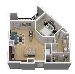 A 3D floor plan of a house with a kitchen, living room, and bedrooms.
