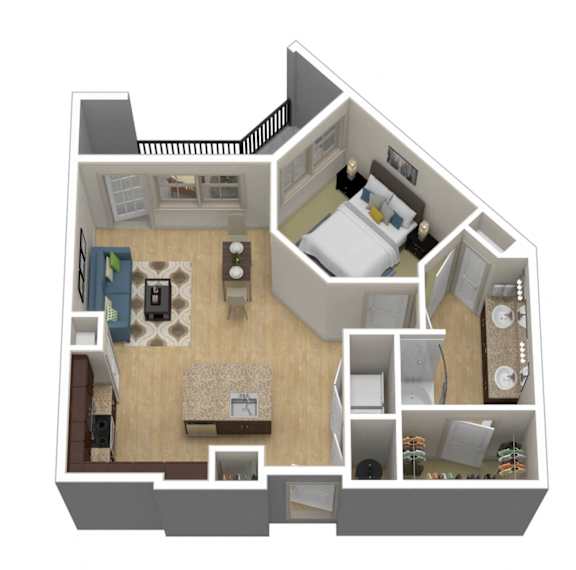 A 3D floor plan of a house with a kitchen, living room, and bedrooms.