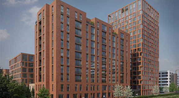 A red brick buildings at Podium Apartments, Stretford, M16 0FR
