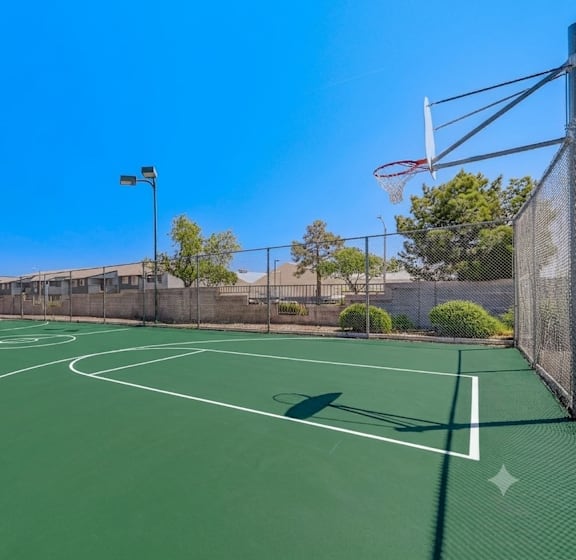 A basketball court with a green surface and white lines, surrounded by a fence and trees.