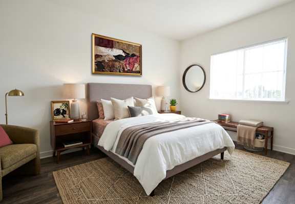 A bedroom with a large bed and a painting on the wall.