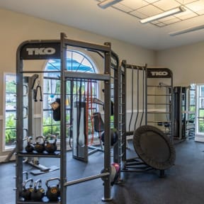 a fitness center with a lot of exercise equipment and windows