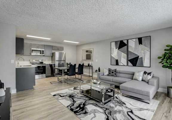 A modern living room with a grey couch and a black and white rug.
