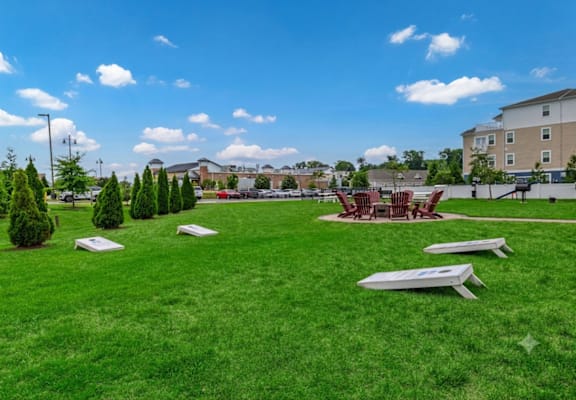 A park with a lawn, trees, and benches with a building in the background.