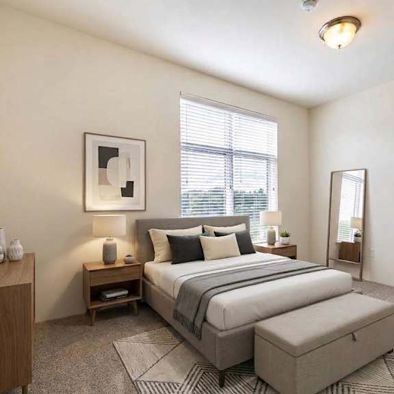 Bedroom with comfortable bed and desk  at Brooks Apartments, MIDLAND, MI
