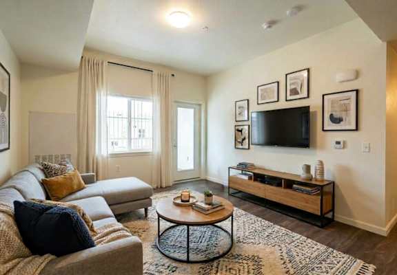 A living room with a couch, a coffee table, and a television.