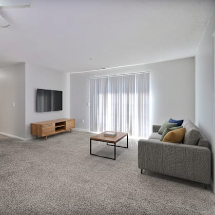 A living room with a grey carpet and furniture.