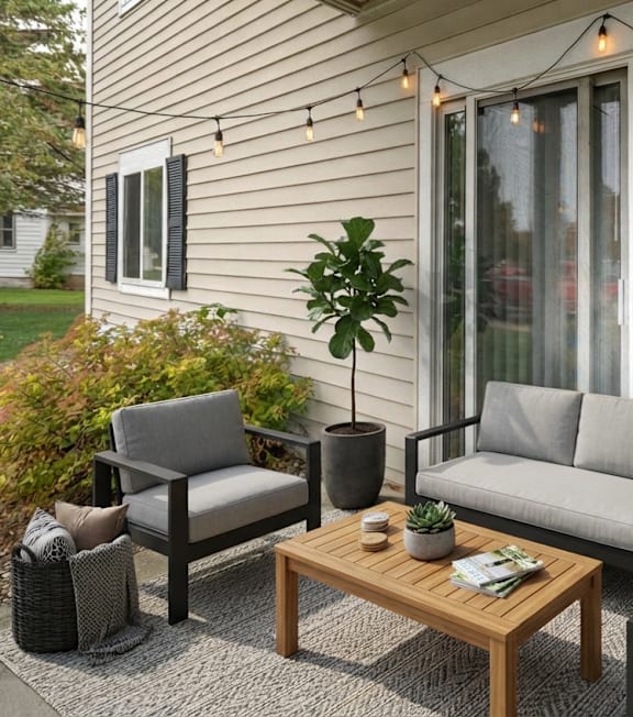 A patio with a grey couch, a grey chair and a wooden table.