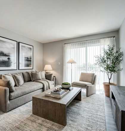 A living room with a grey couch, a coffee table, and a television.