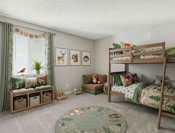 A room with two bunk beds and a bench with a potted plant on it.