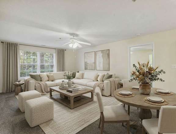 Bright Living Room with ceiling fan at Columbia Colony Senior, Atlanta, GA, 30331