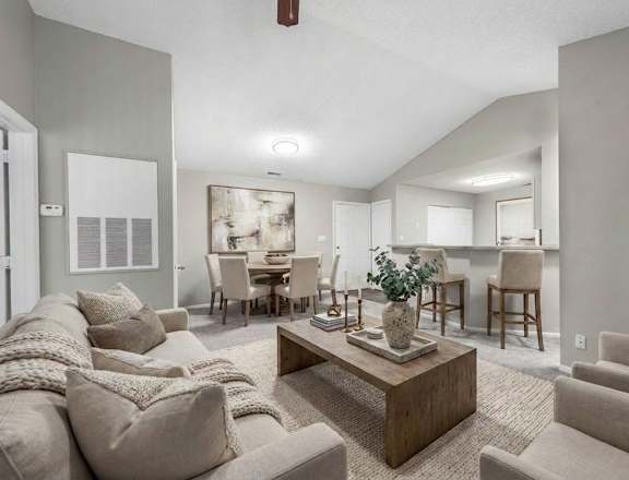 A living room with a grey couch and a coffee table.