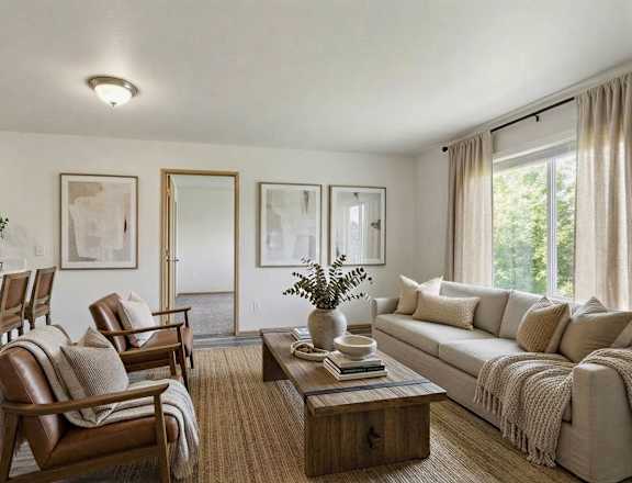 A living room with a brown leather chair and a white couch.