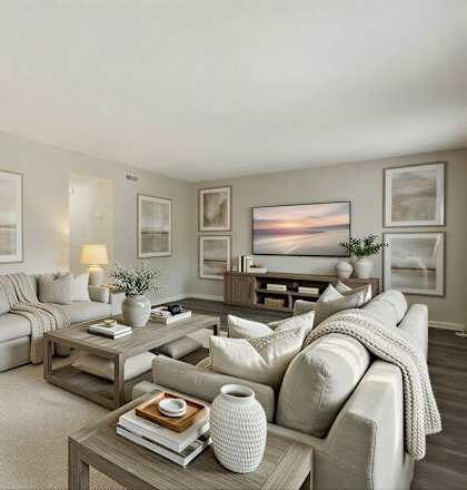 A well-lit living room with a grey sofa, a coffee table, and a painting on the wall.