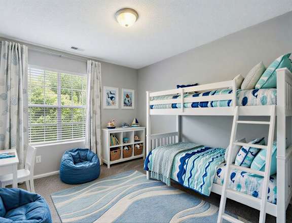 A room with a bunk bed, a desk, and a bean bag chair.