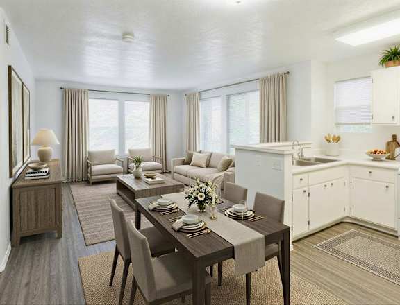 A modern dining room with a table set for two.