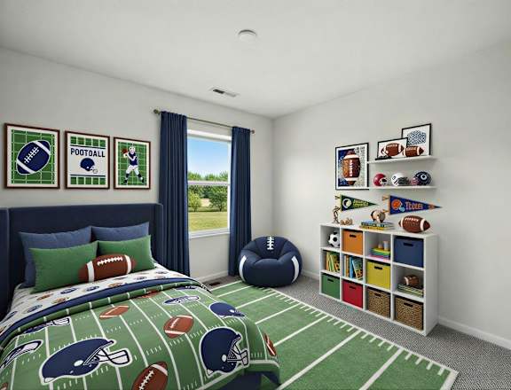 A bedroom with a football theme, including a bedspread, pillows, and decorations.