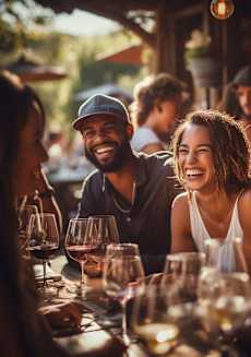 a group of people sitting at a table with wine glasses