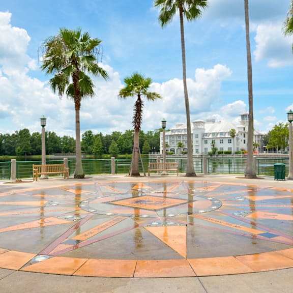 Patterned Splash Pad Surrounded by Palm Trees