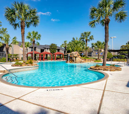 A swimming pool surrounded by palm trees and benches.