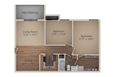 2 Bed 1 Bath (900 sq ft) Floor Plan at Whisper Hollow Apartments, Maryland Heights, Missouri