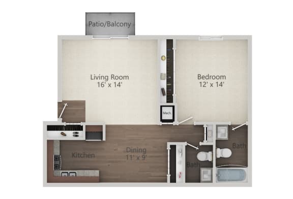 1 Bedroom 1.5 Bath Floor Plan at The Greenway at Carol Stream, Carol Stream, Illinois