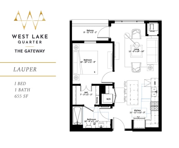 Lauper one bedroom floor plan at The Gateway at West Lake Quarter in Minneapolis, MN