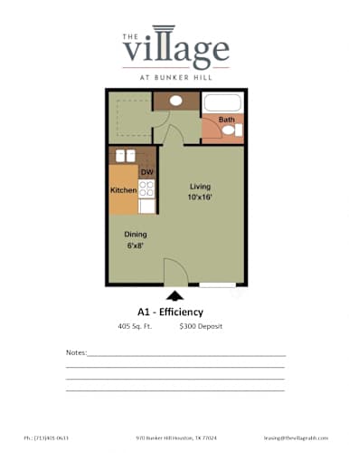 Floor Plan  A1 Efficiency Floor Plan for The Village at Bunker Hill Apartments in Houston, Texas