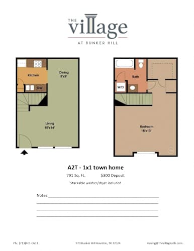 Floor Plan  A2T 1x1 Town Home Floor Plan at The Village at Bunker Hill Apartments near Houston, Texas