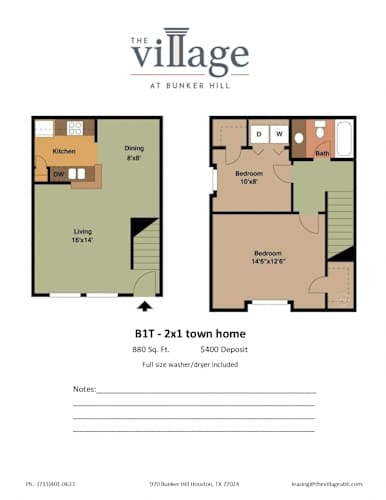 Floor Plan  B1T 2x1 Town Home Floor Plan at The Village at Bunker Hill Apartments near Houston, Texas