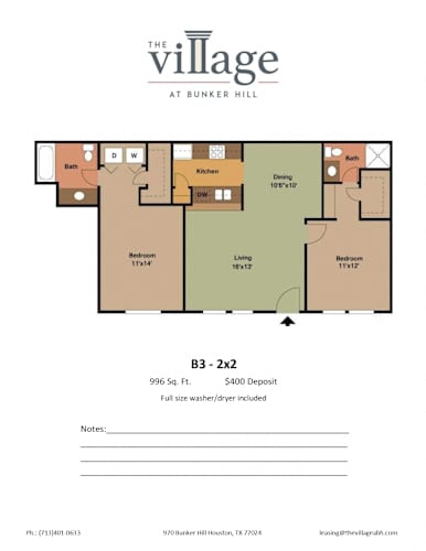 Floor Plan  B3 2x2 Floor Plan at The Village at Bunker Hill Apartments near Houston, Texas