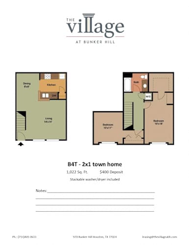 Floor Plan  B4T 2x1 Town Home Floor Plan at The Village at Bunker Hill Apartments near Houston, Texas