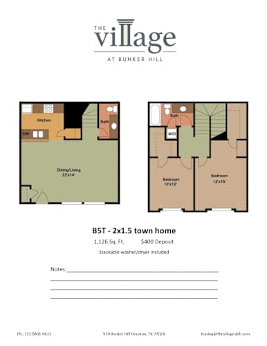 Floor Plan  B5T 2x1.5 Town Home Floor Plan at The Village at Bunker Hill Apartments near Houston, Texas