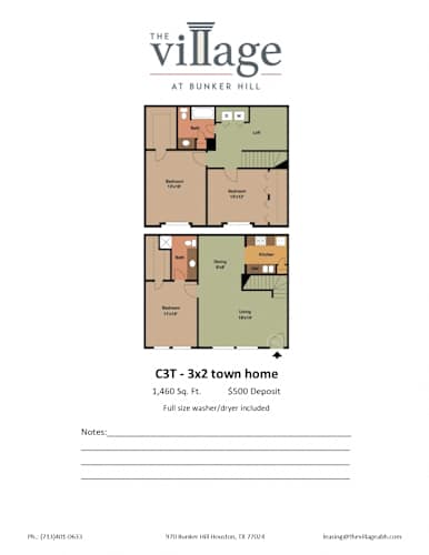 Floor Plan  C3T 3x2 Town Home Floor Plan at The Village at Bunker Hill Apartments near Houston, Texas