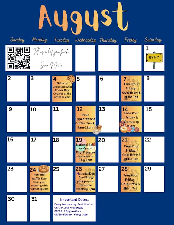A calendar for August with specific events and offers noted on certain dates.