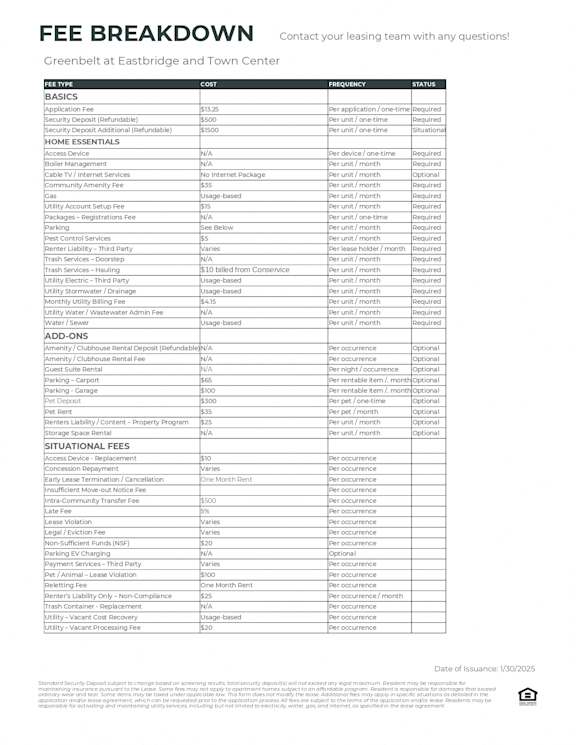 A fee breakdown document for Greenbelt at Eastbridge and Town Center with various fees listed.