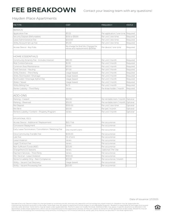 A fee breakdown document for Hayden Place Apartments with various fees and their details.