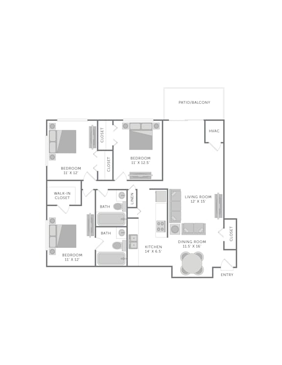 A floor plan of a home with a living room, dining room, kitchen, and three bedrooms.