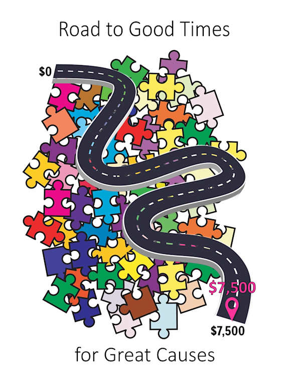 A puzzle piece road map with a $7,500 marker for Great Causes.