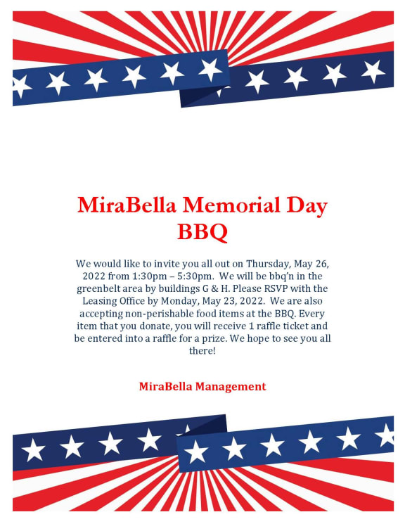 Memorial Day 2022 Event Flyer at Mirabella Apartments, Bermuda Dunes, 92203