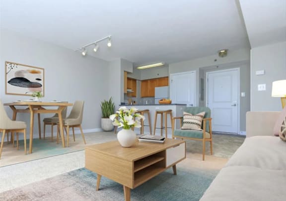 a living room with a couch and a table