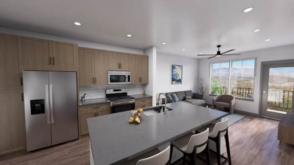 A modern kitchen with a dining table and chairs. at Refinery at Pointe17 Apartments, Phoenix, AZ, 85085